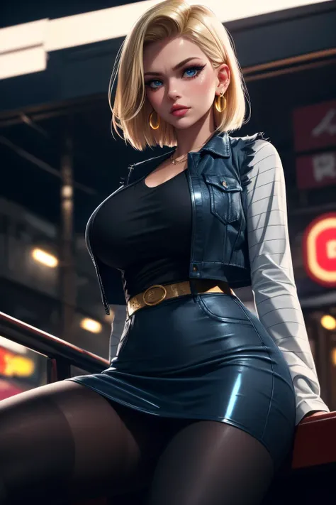 (ultra realistic,32k,RAW photo:1.1),(high detailed skin:1.1), 8k uhd, dslr, high quality, film grain, (makeup, mascara:1.1), lips,(thick\lips\),
(shiny glossy translucent clothing:1.1), <lora:android_18_v110:0.5>and18, 1girl, android 18, solo, blonde hair, blue eyes, short hair, earrings, jewelry, denim vest, open vest, black pantyhose, black shirt, denim skirt, striped long sleeves, blue skirt,, <lora:add_detail:0.85>, huge breast,
(looking at viewer, sitting from below:1.1),,
(busty:1.1) , (chubby:0.1),(moody lighting:1.1),<lora:LowRA:0.4>, dark theme, cyberpunk night market, flickering neon signs, shady vendors, illicit goods
