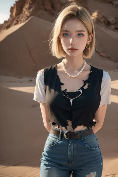 (Best Quality, Masterpiece:1.4), (Realism:1.2), (Realisitc:1.2), (Absurdres:1.2), (photorealistic:1.3), 1 girl,Realistic Skin,Solo,( Very Big Eyes,beautiful detailed eyes, symmetric eyes,), and18, 1girl, android 18, solo, blonde hair, blue eyes, belt, jeans, pearl_necklace, bracelet, black gloves, white shirt, short hair, short sleeves, earrings, blue pants, open vest, black vest, large breasts, <lora:android_18_v110:0.5>, (desert:1.3), (torn clothes:1.2), standing, expressionless, arms behind back,
