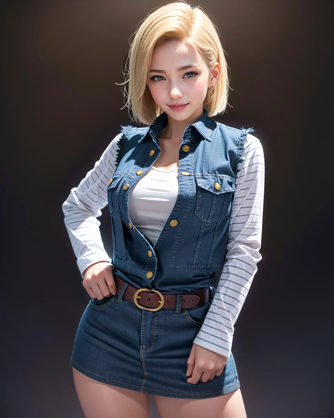 android_18, cowboy_shot, photo of a lady, blond short hair, asymmetry parted hair, looking at viewer, (long earing),
(opened denim_vest:1.3), (white striped long sleeves:1.3), denim_skirt, black pantyhose,
(curvy body:1.3),
arrogant expression, fighting stance,
simple background, white background, backlighting,
(detailed, best quality, realistic:1.4), <lora:android1818DragonBall_v1:0.6><lora:QuickHandV2:0.6> QuickHands