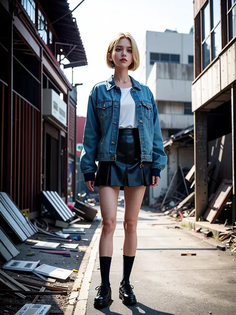 masterpiece, 1girl, android 18:1.1, blonde hair, blue jacket, skirt <lora:android_18_v110:1.0.92> (contrapposto, dynamic pose) (dynamic lighting, cinematic shadows) (straight hair, short hair:1.5) aged down, skinny, cute, expressionless
(dirty:1.5, broken_clothes:1.2) (building, factory_ruins, indoors, industrial_pipe, outdoors, power_lines, rock, rubble) portrait, shiny skin, <lora:UltimateBeautifulGirl_v3:0.33> (bokeh:1.2, photorealistic:1.2, sigma 135 mm f/1.8, particle lighting) covered nipples, <lora:broken_clothes:1.2>
