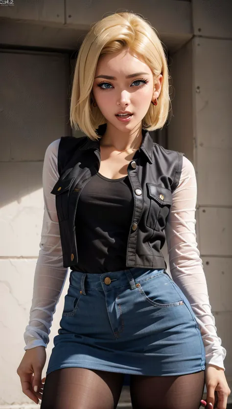 masterpiece, best quality, intricate detail, <lora:android_18_v110:0.6> android_18, and18, 1girl, android 18, dragon ball z setting, solo, blonde hair, short hair, blue eyes, earrings, jewelry, denim vest, open vest, black pantyhose, black shirt, denim skirt, striped long sleeves, blue skirt, clenched teeth, <lora:emotion_angry_slider_v1:0.8>