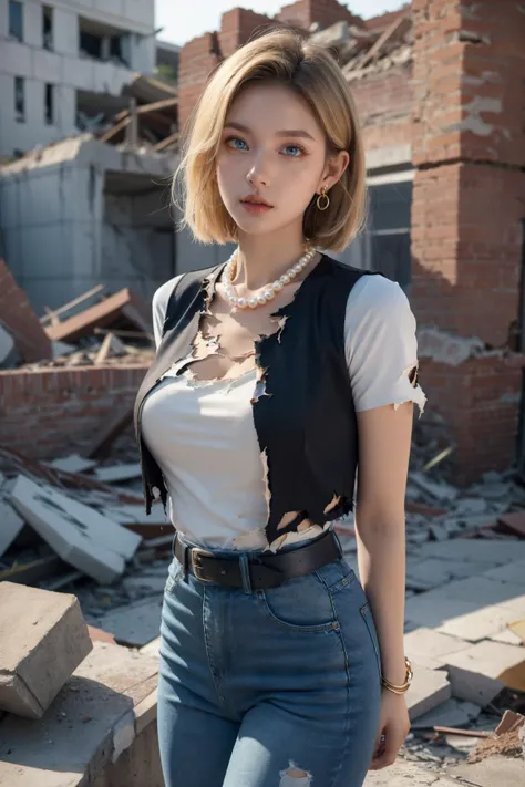 (Best Quality, Masterpiece:1.4), (Realism:1.2), (Realisitc:1.2), (Absurdres:1.2), (photorealistic:1.3), 1 girl,Realistic Skin,Solo,( Very Big Eyes,beautiful detailed eyes, symmetric eyes,), and18, 1girl, android 18, solo, blonde hair, blue eyes, belt, jeans, pearl_necklace, bracelet, black gloves, white shirt, short hair, short sleeves, earrings, blue pants, open vest, black vest, large breasts, <lora:android_18_v110:0.5>, (ruins:1.3), (torn clothes:1.2), standing, expressionless, arms behind back,