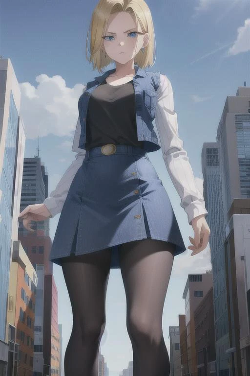 <lora:GTSv5:1>
blonde hair, blue eyes, short hair, earrings, jewelry, denim vest, open vest, black pantyhose, black shirt, long sleeves, white striped sleeves, denim skirt, blue skirt, large breasts,<lora:android_18_v110:0.5>
detailed eyes, perfect eyes,
masterpiece, best quality, 1girl, solo,, android 18, blonde hair, blue eyes, short hair, narrow eyes, annoyed, looking at viewer
,(partially obstructed:1.2),(buildings along the bottom of frame blocking view:1.2),giantess,skyscraper