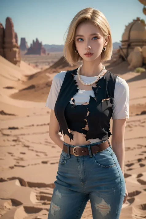 (Best Quality, Masterpiece:1.4), (Realism:1.2), (Realisitc:1.2), (Absurdres:1.2), (photorealistic:1.3), 1 girl,Realistic Skin,Solo,( Very Big Eyes,beautiful detailed eyes, symmetric eyes,), and18, 1girl, android 18, solo, blonde hair, blue eyes, belt, jeans, pearl_necklace, bracelet, black gloves, white shirt, short hair, short sleeves, earrings, blue pants, open vest, black vest, large breasts, <lora:android_18_v110:0.5>, (desert:1.3), (torn clothes:1.2), standing, expressionless, arms behind back,