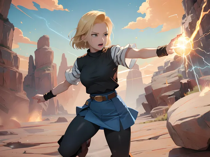 detailed background, HD, Highres, best quality, masterpiece,  ful body, incredible look
android_18,  1girl, short hair, blonde, worried,  [[[rage:0.1, scream:0.01]]]
blue skirt, black top, striped long sleeves, black legging, boots  (circular red earing:0.5)
 <lora:android1818DragonBall_v1:0.8> fighting
 (surging from hand : beam of energy, powerfull beam , casting glowing;1.5 energy_ball:0.3 surging from hands, glowing white and orange, power, blast,  highlight, wide energy, electric:0.5, powerfull,  full light)
dry moutains landscape, rocks, high arizona rocks, (((blue sky, daylight)))