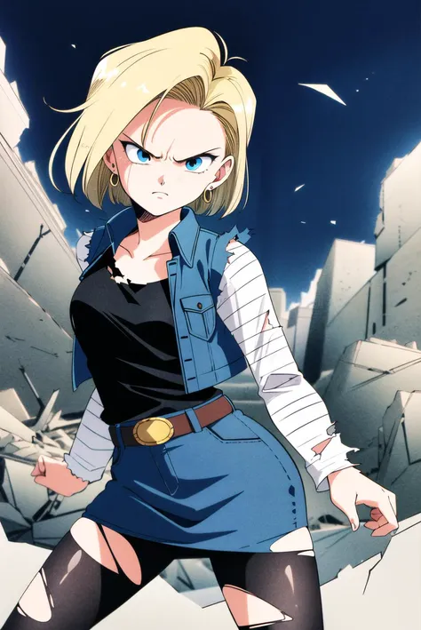 masterpiece,best quality,highres,<lora:android_18_v110:0.6>,1girl,solo,1980s \(style\),and18,android 18,blonde hair,blue eyes,short hair,earrings,jewelry,denim vest,open vest,black pantyhose,black shirt,denim skirt,striped long sleeves,blue skirt,medium breasts,torn clothes,ruins,angry,