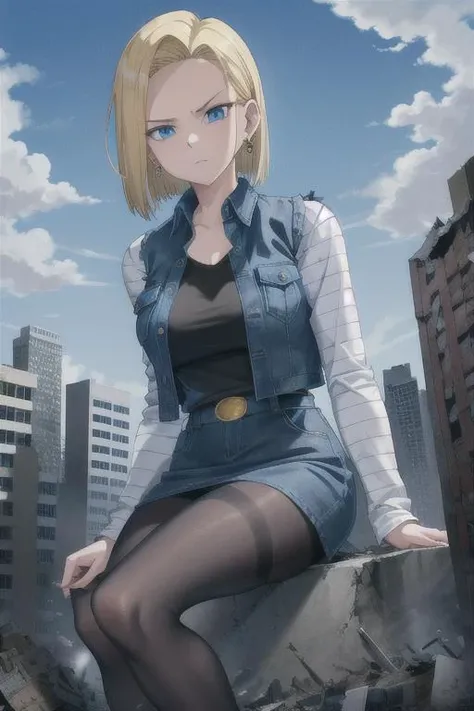 <lora:GTSv5:1>
blonde hair, blue eyes, short hair, earrings, jewelry, denim vest, open vest, black pantyhose, black shirt, long sleeves, striped sleeves, denim skirt, blue skirt, large breasts,<lora:android_18_v110:0.5>
detailed eyes, perfect eyes,
destruction, rampage, debris, broken buildings, destroyed buildings, building cracking under weight
masterpiece, best quality, 1girl, solo,, android 18, blonde hair, blue eyes, short hair, narrow eyes, annoyed, looking at viewer
,gts,city,buildingseat,rampage,destruction, sitting:1.5, low angle view, from below, ground view, looming