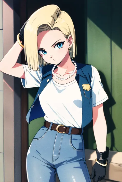 masterpiece,best quality,highres,<lora:android_18_v110:0.6>,1girl,solo,1980s \(style\),and18,android 18,blonde hair,blue eyes,belt,jeans,pearl_necklace,bracelet,black gloves,white shirt,short hair,short sleeves,earrings,blue pants,open vest,black vest,medium breasts,cowboy shot,street,