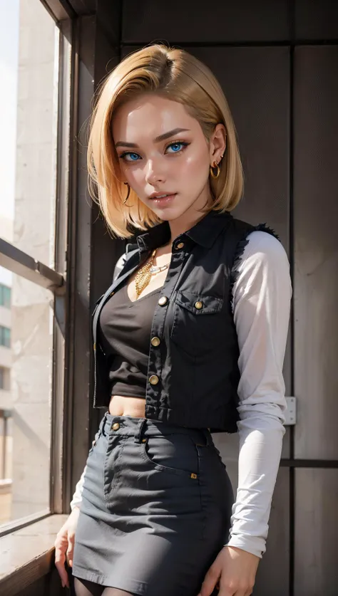 masterpiece, best quality, intricate detail, <lora:android_18_v110:0.6> android_18, and18, 1girl, android 18, dragon ball z setting, solo, blonde hair, short hair, blue eyes, earrings, jewelry, denim vest, open vest, black pantyhose, black shirt, denim skirt, striped long sleeves, blue skirt, clenched teeth, <lora:emotion_angry_slider_v1:0.8>