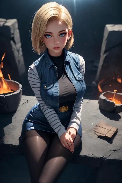 (ultra realistic,32k,RAW photo:1.1),(high detailed skin:1.1), 8k uhd, dslr, high quality, film grain, (makeup, mascara:1.1), lips,(thick\lips\),
(shiny glossy translucent clothing:1.1), <lora:android_18_v110:0.5>and18, 1girl, android 18, solo, blonde hair, blue eyes, short hair, earrings, jewelry, denim vest, open vest, black pantyhose, black shirt, denim skirt, striped long sleeves, blue skirt,, <lora:add_detail:0.87>, huge breast,
(looking at viewer, sitting, crossed legs, from above:1.1),,
(busty:1.1) , (chubby:0.1),(backlight:1.1),<lora:LowRA:0.4>, dark theme, emberstone forge, fiery embers, molten craftsmanship, domain of master blacksmiths