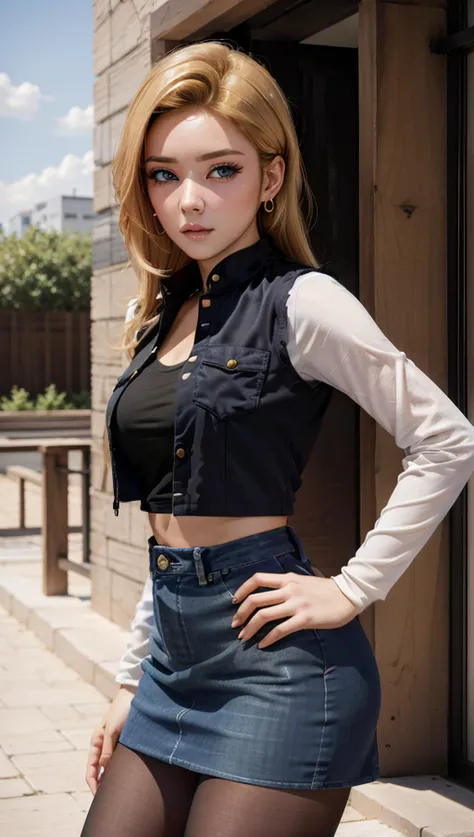 masterpiece, best quality, intricate detail, <lora:android_18_v110:0.6> android_18, and18, 1girl, android 18, dragon ball z, solo, blonde hair, blue eyes, earrings, jewelry, denim vest, open vest, black pantyhose, black shirt, denim skirt, striped long sleeves, blue skirt, fighting stance,