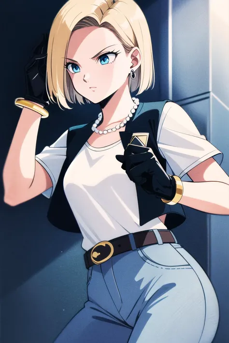 masterpiece,best quality,highres,<lora:android_18_v110:0.6>,1girl,solo,1980s \(style\),and18,android 18,blonde hair,blue eyes,belt,jeans,pearl_necklace,bracelet,black gloves,white shirt,short hair,short sleeves,earrings,blue pants,open vest,black vest,medium breasts,cowboy shot,street,fighting stance,