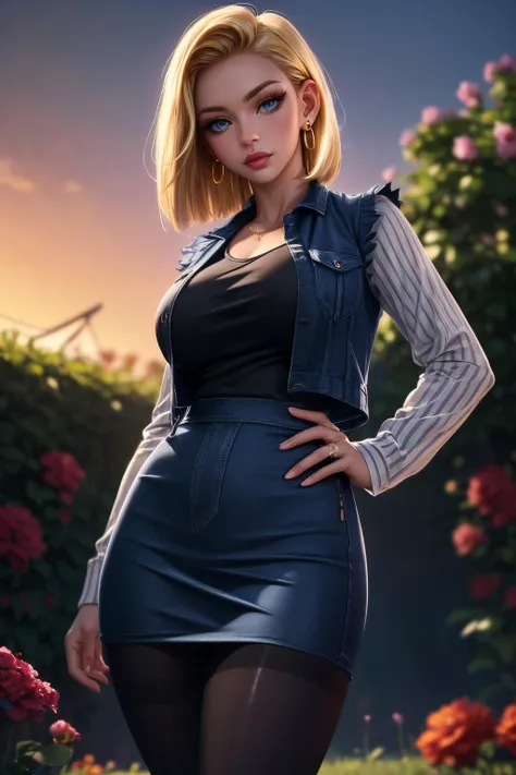 (ultra realistic,32k,RAW photo:1.1),(high detailed skin:1.1), 8k uhd, dslr, high quality, film grain, (makeup, mascara:1.1), lips,(thick\lips\),
(shiny glossy translucent clothing:1.1), <lora:android_18_v110:0.5>and18, 1girl, android 18, solo, blonde hair, blue eyes, short hair, earrings, jewelry, denim vest, open vest, black pantyhose, black shirt, denim skirt, striped long sleeves, blue skirt,, <lora:add_detail:0.93>, huge breast,
(looking at viewer, standing from below:1.1),,
(busty:1.1) , (chubby:0.1),(golden hour:1.1),<lora:LowRA:0.4>, dark theme, garden, blooming flowers, manicured lawns, fragrant