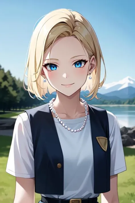 masterpiece, best quality, extremely delicate and beautiful, highres, original, upper body, portrait, and18, 1girl, android 18, solo, smile, blonde hair, blue eyes, belt, jeans, pearl_necklace, bracelet, black gloves, white shirt, short hair, short sleeves, earrings, blue pants, open vest, black vest, scenic view, outdoors, <lora:h_madoka_android_18:0.55>