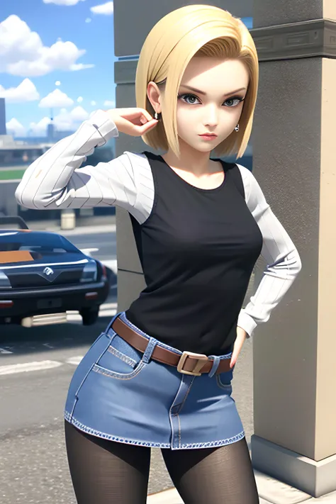 1 girl, solo, dynamic pose, city, and18, android 18, solo, blonde hair, blue eyes, short hair, earrings, jewelry, denim vest, open vest, black pantyhose, black shirt, denim skirt, striped long sleeves, blue skirt, <lora:android_18_v110:0.5>, (((3d, video game))),masterpiece, best quality, intricate details, 8k uhd, perfect face, perfect eyes