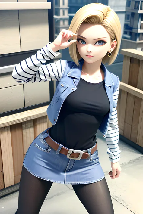 1 girl, solo, dynamic pose, city, and18, android 18, solo, blonde hair, blue eyes, short hair, earrings, jewelry, denim vest, open vest, black pantyhose, black shirt, denim skirt, striped long sleeves, blue skirt, <lora:android_18_v110:0.5>, (((3d, video game))),masterpiece, best quality, intricate details, 8k uhd, perfect face, perfect eyes