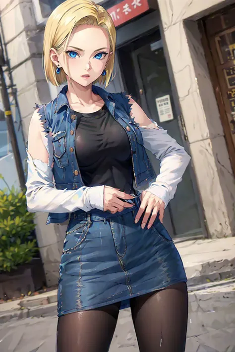 best quality, highres, and18, 1girl, android 18, solo, blonde hair, blue eyes, short hair, earrings, jewelry, denim vest, open vest, black pantyhose, black shirt, denim skirt, striped long sleeves, blue skirt, medium breasts, <lora:android_18_v110:0.5>, cowboy shot, street,  (Externally expanded Chest:1.2), (Strapless:1.2), off-the-shoulder,