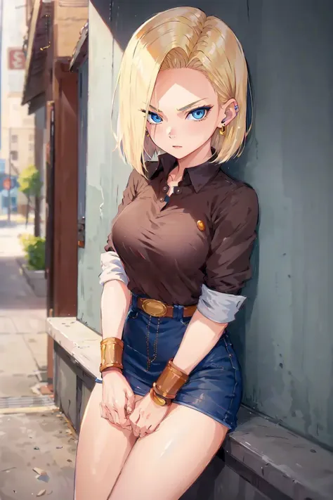 best quality, highres, and18, 1girl, android 18, solo, blonde hair, blue eyes, short hair, earrings, jewelry, medium breasts, <lora:android_18_v110:0.5>, cowboy shot, street, uniform,