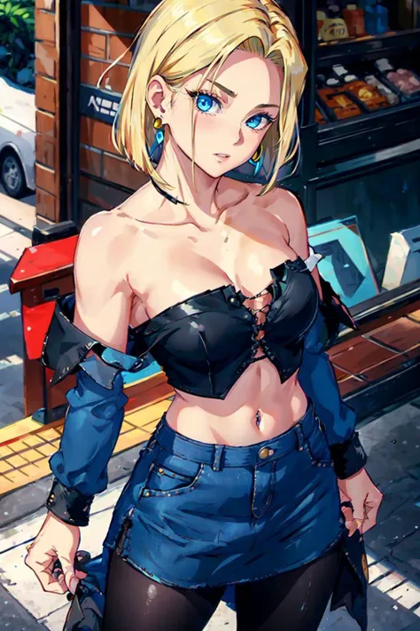 best quality, highres, and18, 1girl, android 18, solo, blonde hair, blue eyes, short hair, earrings, jewelry, denim vest, open vest, black pantyhose, black shirt, denim skirt, striped long sleeves, blue skirt, medium breasts, <lora:android_18_v110:0.5>, cowboy shot, street, (Externally expanded Chest:1.2), (Strapless:1.2), off-the-shoulder,