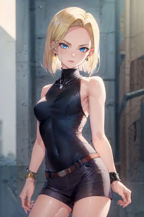 best quality, highres, and18, 1girl, android 18, solo, blonde hair, blue eyes, short hair, earrings, jewelry, denim vest, open vest, black pantyhose, black shirt, denim skirt, striped long sleeves, blue skirt, medium breasts, <lora:android_18_v110:0.5>, cowboy shot, street, (Externally expanded Chest:1.2), (Strapless:1.2), off-the-shoulder, bent over, forest