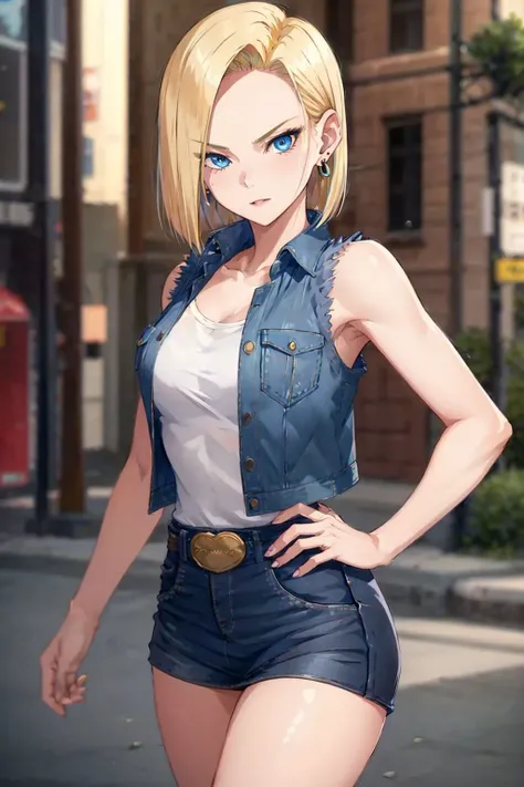 best quality, highres, and18, 1girl, android 18, solo, blonde hair, blue eyes, short hair, earrings, jewelry, denim vest, open vest, black pantyhose, black shirt, denim skirt, striped long sleeves, blue skirt, medium breasts, <lora:android_18_v110:0.5>, cowboy shot, street,  (Externally expanded Chest:1.2), (Strapless:1.2), off-the-shoulder, bent over, forest
