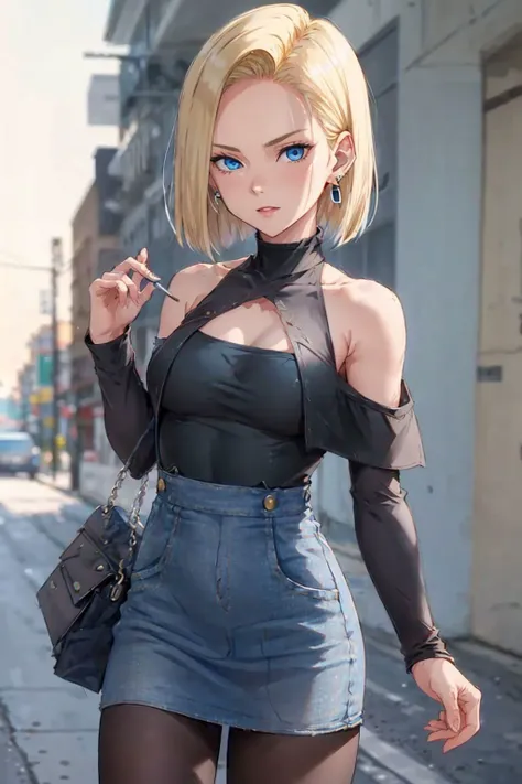 best quality, highres, and18, 1girl, android 18, solo, blonde hair, blue eyes, short hair, earrings, jewelry, denim vest, open vest, black pantyhose, black shirt, denim skirt, striped long sleeves, blue skirt, medium breasts, <lora:android_18_v110:0.5>, cowboy shot, street, (Externally expanded Chest:1.2), (Strapless:1.2), off-the-shoulder, (dress:1.4)