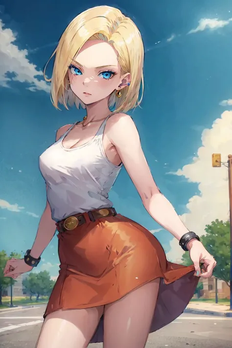 best quality, highres, and18, 1girl, android 18, solo, blonde hair, blue eyes, short hair, earrings, jewelry, medium breasts, <lora:android_18_v110:0.5>, cowboy shot, street, dress