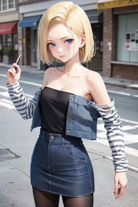best quality, highres, and18, 1girl, android 18, solo, blonde hair, blue eyes, short hair, earrings, jewelry, denim vest, open vest, black pantyhose, black shirt, denim skirt, striped long sleeves, blue skirt, medium breasts, <lora:android_18_v110:0.5>, cowboy shot, street, off-the-shoulder, Strapless,