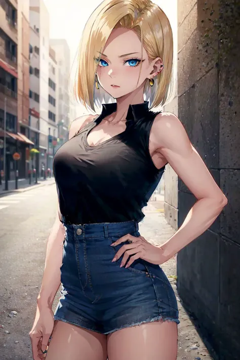 best quality, highres, and18, 1girl, android 18, solo, blonde hair, blue eyes, short hair, earrings, jewelry, denim vest, open vest, black pantyhose, black shirt, denim skirt, striped long sleeves, blue skirt, medium breasts, <lora:android_18_v110:0.5>, cowboy shot, street, (Externally expanded Chest:1.2), (Strapless:1.2), off-the-shoulder, bent over, forest