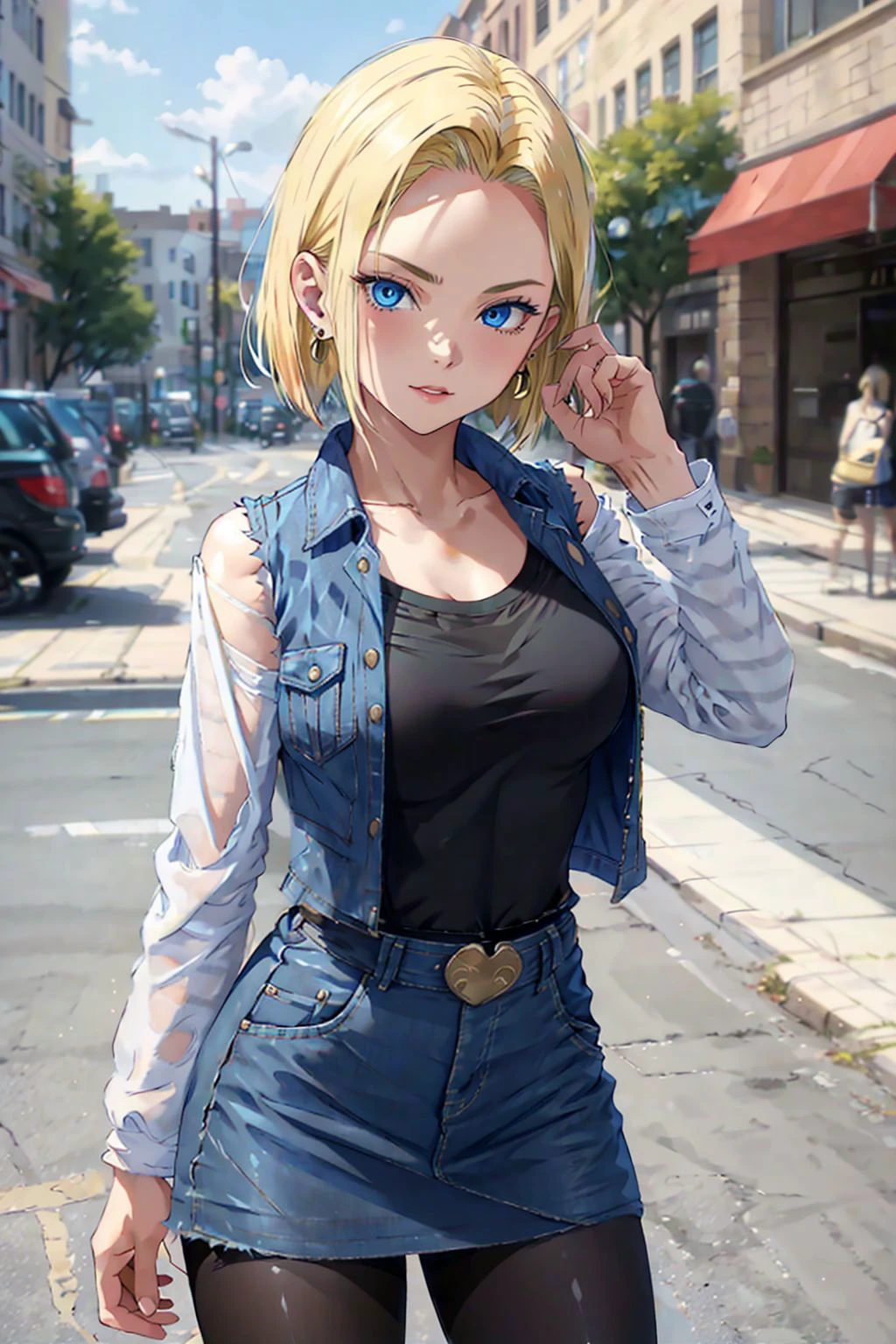 best quality, highres, and18, 1girl, android 18, solo, blonde hair, blue eyes, short hair, earrings, jewelry, denim vest, open vest, black pantyhose, black shirt, denim skirt, striped long sleeves, blue skirt, medium breasts, <lora:android_18_v110:0.5>, cowboy shot, street, (Externally expanded Chest:1.2), (Strapless:1.2), off-the-shoulder,