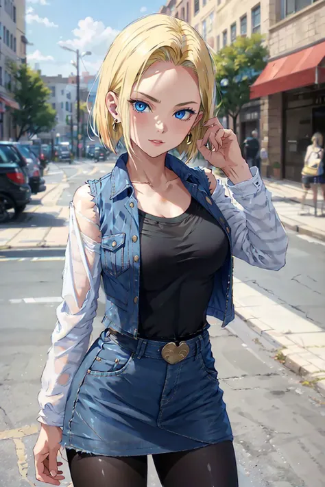 best quality, highres, and18, 1girl, android 18, solo, blonde hair, blue eyes, short hair, earrings, jewelry, denim vest, open vest, black pantyhose, black shirt, denim skirt, striped long sleeves, blue skirt, medium breasts, <lora:android_18_v110:0.5>, cowboy shot, street,  (Externally expanded Chest:1.2), (Strapless:1.2), off-the-shoulder,