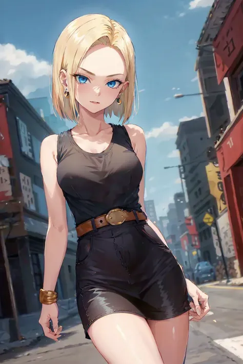 best quality, highres, and18, 1girl, android 18, solo, blonde hair, blue eyes, short hair, earrings, jewelry, denim vest, open vest, black pantyhose, black shirt, denim skirt, striped long sleeves, blue skirt, medium breasts, <lora:android_18_v110:0.5>, cowboy shot, street,  (Externally expanded Chest:1.2), (Strapless:1.2), off-the-shoulder, bent over, forest