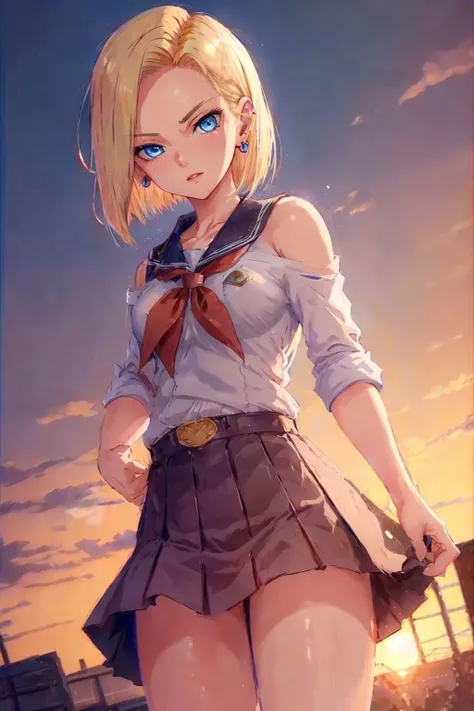 best quality, highres, and18, 1girl, android 18, solo, blonde hair, blue eyes, short hair, earrings, jewelry, medium breasts, <lora:android_18_v110:0.5>, cowboy shot, street, (school uniform:1.2), off-the-shoulder, sunset,