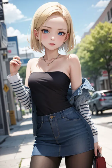 best quality, highres, and18, 1girl, android 18, solo, blonde hair, blue eyes, short hair, earrings, jewelry, denim vest, open vest, black pantyhose, black shirt, denim skirt, striped long sleeves, blue skirt, medium breasts, <lora:android_18_v110:0.5>, cowboy shot, street, off-the-shoulder, Strapless, Under Boob,