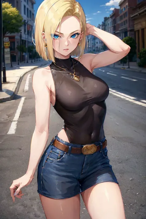 best quality, highres, and18, 1girl, android 18, solo, blonde hair, blue eyes, short hair, earrings, jewelry, medium breasts, <lora:android_18_v110:0.5>, cowboy shot, street,