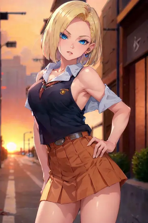 best quality, highres, and18, 1girl, android 18, solo, blonde hair, blue eyes, short hair, earrings, jewelry, medium breasts, <lora:android_18_v110:0.5>, cowboy shot, street, (school uniform:1.2), off-the-shoulder, sunset,
