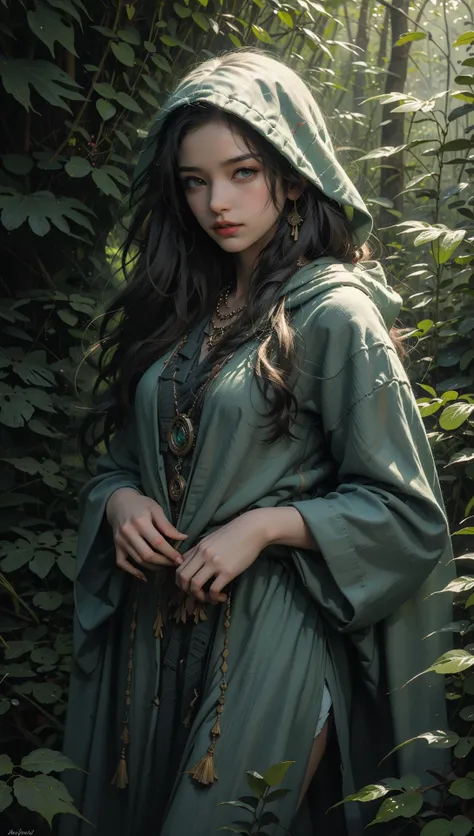 BJ_Oil_painting, fantasy painting, In the heart of an ancient grove, a wise druid embodies the harmony between nature and magic. Cloaked in verdant robes, intertwined with foliage and adorned with natural trinkets, they merge seamlessly with the wilderness. Their eyes, deep as ancient forests, reflect the wisdom of ages. With a touch, they commune with the land, shape-shifting and channeling the primal forces of nature, <lora:Oil_painting:0.6>
