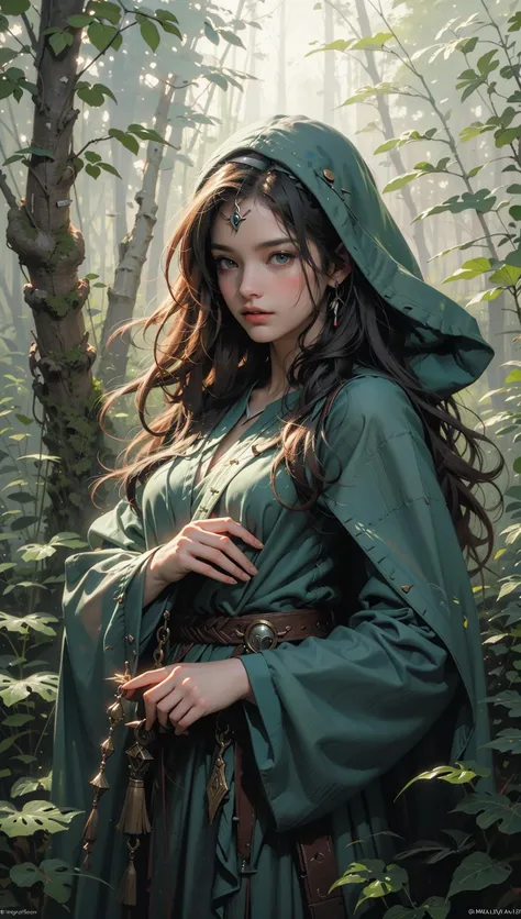 BJ_Oil_painting, fantasy painting,  In the heart of an ancient grove, a wise druid embodies the harmony between nature and magic. Cloaked in verdant robes, intertwined with foliage and adorned with natural trinkets, they merge seamlessly with the wilderness. Their eyes, deep as ancient forests, reflect the wisdom of ages. With a touch, they commune with the land, shape-shifting and channeling the primal forces of nature, <lora:Oil_painting:0.6>