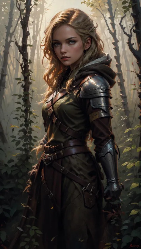 BJ_Oil_painting, fantasy painting, female ranger, olive and brown robes, leather armor, hood drawn up, long blonde hair, hazel eyes, forest scene, <lora:Oil_painting:0.5>