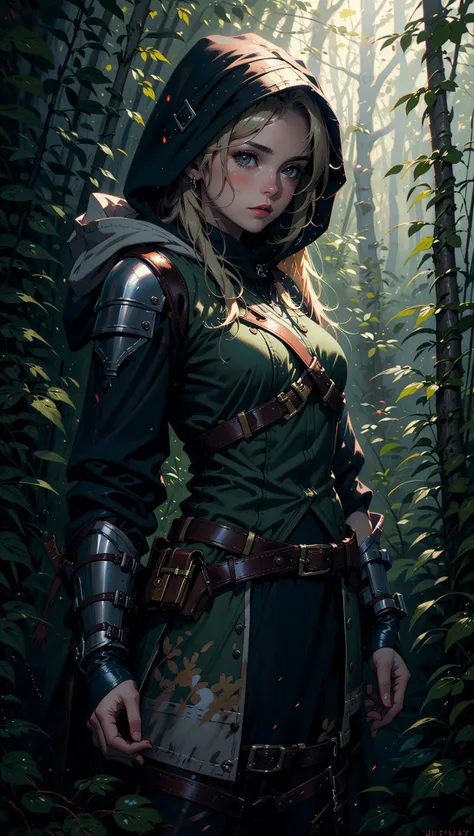 BJ_Oil_painting, fantasy scene, female ranger, olive and brown robes, leather armor, hood drawn up, long blonde hair, hazel eyes, forest scene, <lora:Oil_painting:0.5>