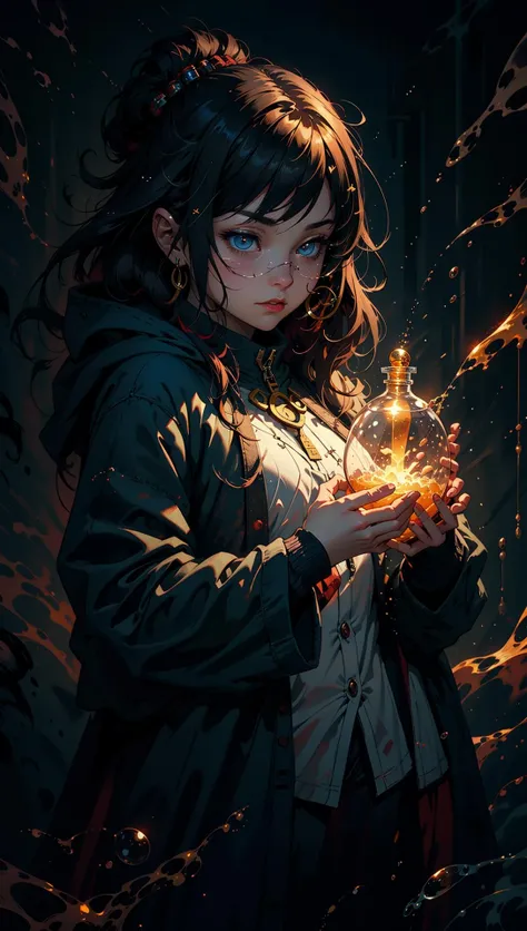 BJ_Oil_painting, fantasy painting,  Within a laboratory filled with bubbling flasks and arcane contraptions, an alchemist delves into the mysteries of transmutation. Draped in a coat adorned with vials of shimmering elixirs, they emanate an aura of scientific curiosity. Their eyes, gleaming with intellect, hold the knowledge of ancient alchemical secrets. With each precise measurement and intricate mixture, they unlock the transformative powers of matter, <lora:Oil_painting:0.55>