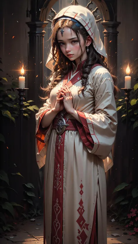 BJ_Oil_painting, fantasy painting,  Within sacred halls, a devoted cleric stands as a beacon of faith. Clad in pristine robes of pure white, adorned with delicate silver symbols, they radiate divine grace. Compassion shines through their gentle eyes, offering solace to the weary. With hands raised in prayer, they channel divine energy, mending wounds and warding off darkness, <lora:Oil_painting:0.6>