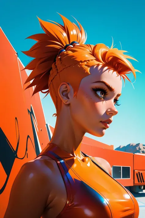 (masterpiece, best quality), 1girl, Fiery Orange Mohawk Updo, big breasts,  <lora:Ilya Kuvshinov [MockAi - v1.0]:1> ilyakuvshinov, painterly style, cinematic composition, semi-realistic, limited color palette