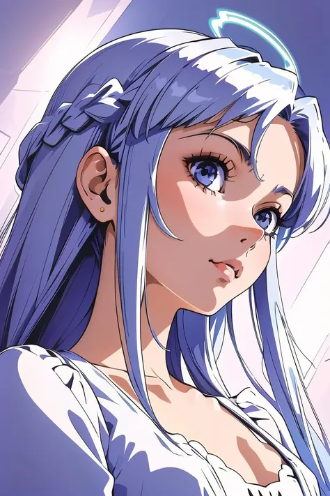 (masterpiece, best quality), 1girl, Periwinkle Halo Braid with Gem Hairpins, flat chest,  <lora:Ilya Kuvshinov [MockAi - v1.0]:1> ilyakuvshinov, painterly style, cinematic composition, semi-realistic, limited color palette