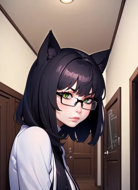 ((best quality)), ((highly detailed)), absurdres, (detailed eyes, deep eyes), (1girl), (glasses), pov, cat girl, cat ears, medium hair, black hair, lime green eyes, <lora:slit-pupils:1>, snake eyes, half-closed eyes, cat tail, frown, (inside, in a hall), <lora:Ilya Kuvshinov [MockAi - v1.0]:.95>, ilyakuvshinov, painterly style, cinematic composition, expert shading, semi-realistic, overexposed background
