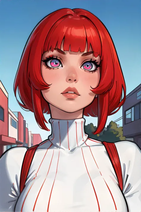 <lora:ilyakuvshinov:0.8>, 1girl, red wispy bangs, turquoise eyes, wearing ruby ribbed turtleneck, suburbia || <lora:ilyakuvshinov:0.2>, woman, masterpiece, 8k, high resolution, shallow depth of field, sharp focus