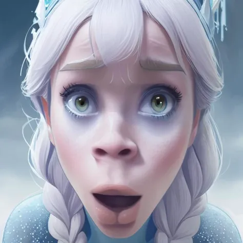 <lora:mahonest-01:1.2>, myhonest reaction, snow_queen_elsa, disney princess elsa with her hands on her head, looking straight at the camera, close-up shot