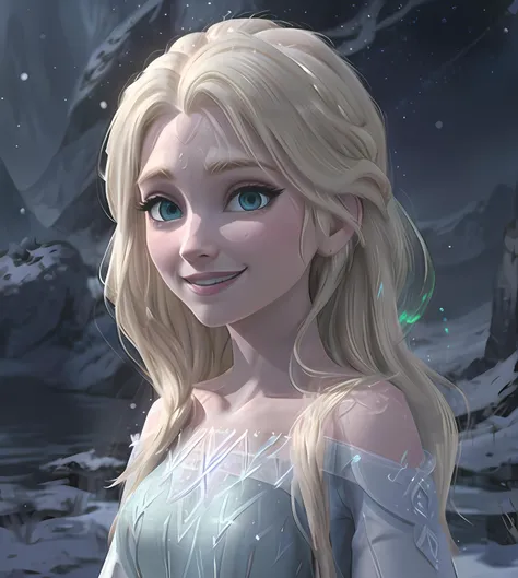 snow_queen_elsa, (blonde hair), <lora:snow_queen_elsa:0.6>, smiling girl, (nokk_elsa), cinematic light, (masterpiece),
