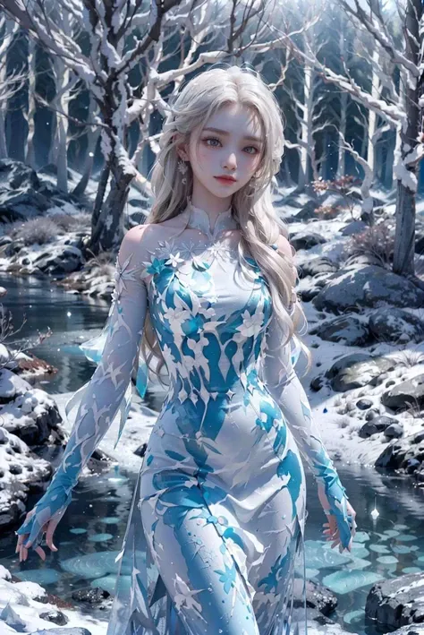 <(best quality, extremery best quality, masterpiece:1.4), (realistic, intricate details:1.4), (photorealistic:1.4), (extremely intricate:1.4), highres, ultra highres, ultra-detailed, absurdres, incredibly absurdres, extremely detailed, high quality, high resolution, hyperrealistic, ultra-realistic, hyper-detailed, top quality, best, fine detail, massive detail, Highly detailed, extreme detailed, highest detailed, high-res, absolutely resolution, reflection, (refraction:1.4), (hyperrealism:1.4)>, BREAK, 1girl, solo, looking at viewer, (young cute beautiful 18-year-old girl:1.4), 3d face, (hand of Guido Daniele:1.4), beautiful girl, Beautiful face, pretty, girlface, kpop idol, supermodel, stunning innocent symmetry face, perfect body, medium breast, slim waist, slim legs, (high detailed skin:1.5), glowing eyes, goddess, natural skin texture, shiny skin, White skin, Beautiful detailed face, detailed face, real skin texture, cute delicate face, finely detailed face, golden ratio, golden ratio face, expressive eyes, perfect face, perfect skin, flawless face, clear face, shiny hair, pale skin, Proper body proportion, perfect anatomy, realistic skin texture, luscious lips, glossy lips, natural makeup, beautiful bright pupils, slender figure, intricate eyes, detailed pupils, detailed face and eyes, longeyelashes, blush, good hand, perfect hands, pretty face, beautiful female bodies, finely detailed skin, oily shiny skin, clean facial features, an extremely delicate and beautiful, cute & girly, beautiful detailed eyes, stars in the eyes, BREAK, (((((Night time, heavy snow, (snow_queen_elsa, blonde hair:1.4), (winter, snow-covered landscape, snowstorm, ice powers, snowy background, mountain background, cold, winter forest, snowflake, Snow, snowing, falling snow, forest, sky, river in background, cold ice, blizzard storm, frozen lake, big tall pine tree, mountain, snow peak, everfrost, landscape, glaciers, water reflection, ice reflection, frozen forest, spikes of ice, ice glaciers, ice cliffs, aurora borealis, stars, outdoors, morning mist, ethereal, sunrise, scenery, nature, lost forest, mysterious background:1.4), (iridescent colors, Iridescence, blush, mysterious, fantasy background, fantasy, smile, open mouth:1.2), (light is shining, fog, wind:1.2), (Luminescent Particles:1.3), (fullbody:1.2), (eye focus, face focus, character focus, close-up face:1.2), (dutch angle, cowboy shot:1.3), colorful refraction)))), BREAK, <watercolor, available light, detailed light, volumetric fog, beautiful lighting, Rembrandt lighting, Cinematic, pixel art, game art, key visual, surreal, PBR Texturing, Anisotropic Filtering, Maximum Clarity And Sharpness, Albedo And Specular Maps, Multi-Layered Textures, Surface Shading, Sub-Pixel Convolution, Sub-Pixel Convolution, Accurate Simulation Of Light-Material Interaction, blurry foreground, broad light, volumetric light effect, matte painting, perfectly defined features, volumetric lighting, Tone Mapping, Lumen Reflections, Global illumination, Ray Tracing, Screen Space Global Illumination, Accent Lighting, 32k, Natural Lighting, volumetric, cinematic masterpiece, Rule of thirds, high dynamic range, Multi-exposure HDR capture, cinematic render, game cg cinematic, atmospheric perspective, movie scene, epic dynamic frame, motion blur, ((cinematic look, Film look)), rim light, 4k textures, adobe lightroom, photolab, insane details, hyperdetailed, exposure blend, professional color grading, professional color correction, aerial perspective, particles and dust in beams of light, cinematic scene, dynamic lighting, sharp details, lomography, soft focus, light leaks, bold hues, atmospheric depth, (explosive light and shadow:1.2), aesthetics, intricate designs, ultra realistic digital art, (zentangle, mandala, tangle, entangle), (fractal art), elegant, vivid colours, floating particles, particles, dramatic, epic, (ink drawing, oil painting detailed), (dramatic lighting:1.2), RAW, huge filesize, extremery detailed CG, Photo, 8k uhd, cinematic atmosphere, trending on artstation, award-winning glamour photograph, highly detailed photo, official art, beautiful and aesthetic, unity 8k wallpaper, beautiful, highly detailed CG illustration, best illustration, intricate, Amazing, emotional, analog, painting, digital painting, concept art, Oil Painting, illustration, Classical art, Renaissance, Romanticism, Neoclassicism, Color Palette, depth and contrast, Vibrant colors, saturated, rich saturation, color harmony, vivid palette, concept-art, design style, detail character, concept render, colorful, analog photography, dreamy atmosphere, specular highlights, atmospheric lighting, (dynamic angle, dynamic pose :1.3), (shiny, clothes reflecting light, lens flare, bloom effect, light particle, lens glare:1.3), realistic lighting, cinematic light, (cinematic lighting), light in the face, soft lighting, saturated colors, detailed background, sharp focus, 8k high definition, perspective, Master Composition, roughness, post-processing, soft shadows, realistic shadows, ambient occlusion, ray-tracing, subsurface scattering, photon mapping, physically-based rendering, octane rendering, unreal engine 5, ue5 rendering, Adobe After FX, dslr, RTX, Best character details, radiosity, sharp, antialiased, RAW photo, HDR, 8k, 4k, (((Photographed by Roger Deakins, using a RED Monstro 8K VV camera and a series of high-end lenses))), ((Hasselblad photography)), (film grain:1.4), Kodak portra 400, ((Fujifilm X-T5)), professional photograph, depth of field, caustics, Broad lighting, diffuse lighting, rim lighting, two tone lighting, textile details, visible pores, high resolution scan, professionally color graded, photographic reality, automatic white balance, best lighting, detailed shadow, high contrast, strong light and shadow>, (PureErosFace_V1:0.4), (ulzzang-6500:0.6), <lora:epiNoiseoffset_v3:0.1>, <lora:FilmVelvia2:0.05>, <lora:add_detail:0.15>, <lora:snow_queen_elsa:0.7>