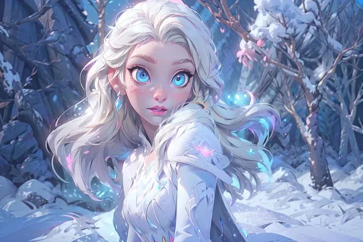 (snow_queen_elsa:1), (using magic powers, snow powers, snow flurries, shooting snow out of hands), frozen, (white dress, white cape, blue details dress, long hair, blonde hair, blue eyes, pink lips, pale skin:1.5), (loose hair:1.5), ((blue eyes)), (dress:1), (long dress), cartoony facial features, large round eyes, (white blonde hair:0.9), (realistic:1.2), (masterpiece:1.2), (full-body-shot:1),(Cowboy-shot:1.2), snow, snowing, mountain background, light particles, snow forest background, neon lighting, dark romantic lighting, (highly detailed:1.2),(detailed face:1.2), (gradients), colorful, detailed eyes, (detailed landscape:1.2), (natural lighting:1.2),(detailed background),detailed landscape, (cute pose:1.2), close shot, solo, <lora:snow_queen_elsa (1):0.8> <lora:add_detail:0.5> <lora:hipoly3DModelLora_v10:0.05> <lora:RSERomantic_RSESofiko_RSEEmma-v1:0.1>